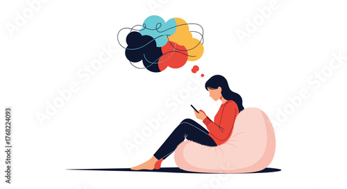 Woman sitting in a beanbag chair, looking at her phone with a thought bubble filled with tangled lines and colors.