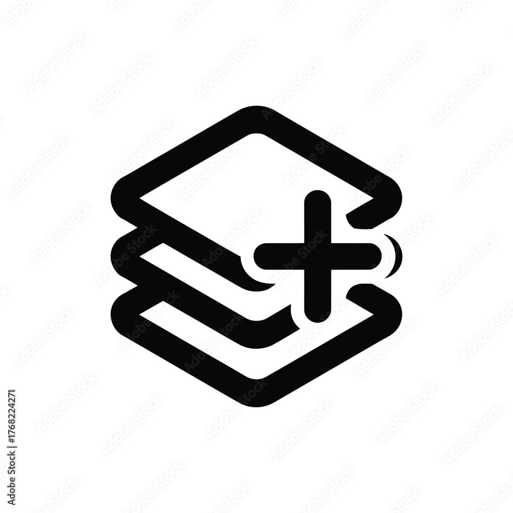 Obraz premium Layered Transparent Icon with Addition Symbol, Modern Stacked Paper Design