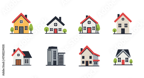 Collection of diverse cartoon houses and apartment buildings in flat design.