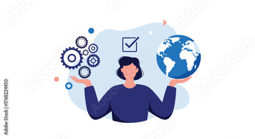 Person balancing gears and a globe, symbolizing the balance between internal processes and global impact.