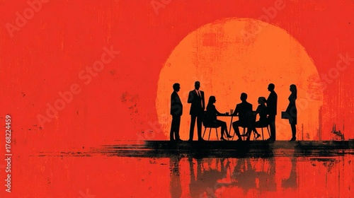 Business team meeting at sunset silhouette with reflection, ideal for corporate branding and marketing materials