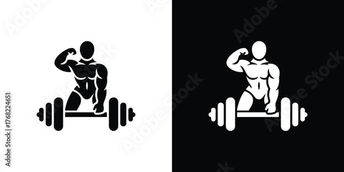 Muscular Silhouette Lifting Barbell, Bodybuilder Bicep Flexing on Transparent Background
