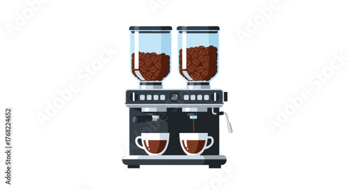 A double espresso machine with two hoppers full of coffee beans making two coffees.