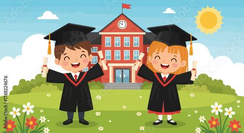 Cute Kids Graduation Day Vector: Boy and Girl in Front of School Building