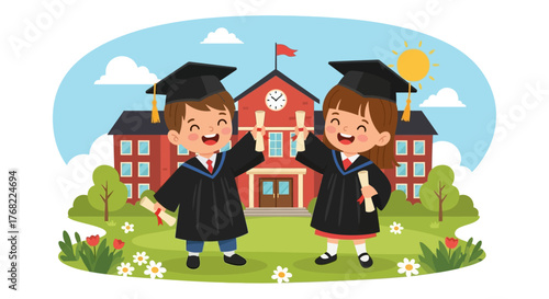 Cute Kids Graduation Day Vector: Boy and Girl in Front of School Building