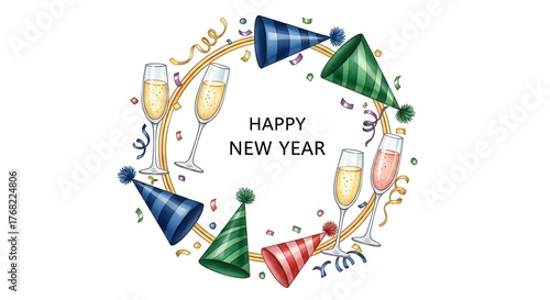 Photo of happy new year wreath design featuring champagne glasses, festive party hats, and confetti, isolated on white background