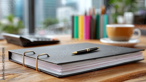 Elegant workspace with notebook, pen, and coffee, ideal for creative professionals, writers, and business planning with a calming, productive atmosphere