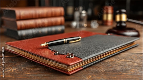 Elegant legal documents with pen on wooden desk evoking justice, law, and professionalism for courtroom and business use