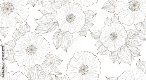 Delicate line art floral pattern with detailed poppy flowers and leaves.