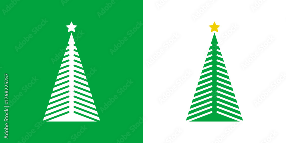Logo con árbol de navidad con forma de triángulo con líneas como ramas y estrella para tarjetas y felicitaciones de Navidad