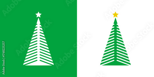 Logo con árbol de navidad con forma de triángulo con líneas como ramas y estrella para tarjetas y felicitaciones de Navidad