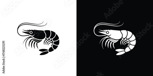 Shrimp Silhouette Isolated on Split White and Black Background Seafood Design