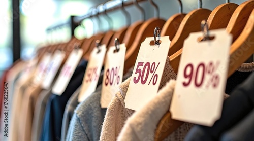 Clothes Hanging on Rack with percentages Off Sale Sign