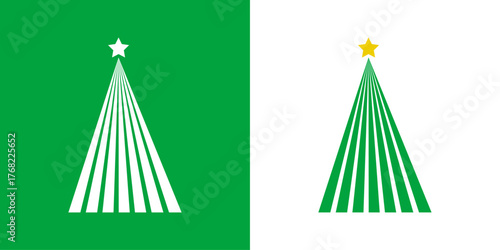 Logo con árbol de navidad con forma de triángulo con líneas verticales y estrella para tarjetas y felicitaciones de Navidad