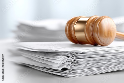 A gavel placed on a pile of legal papers, symbolizing the legal profession and judicial proceedings.