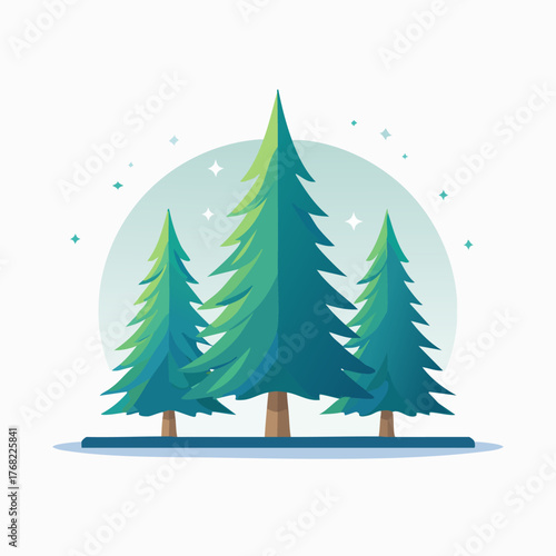 Three Evergreen Trees in a Winter Landscape.