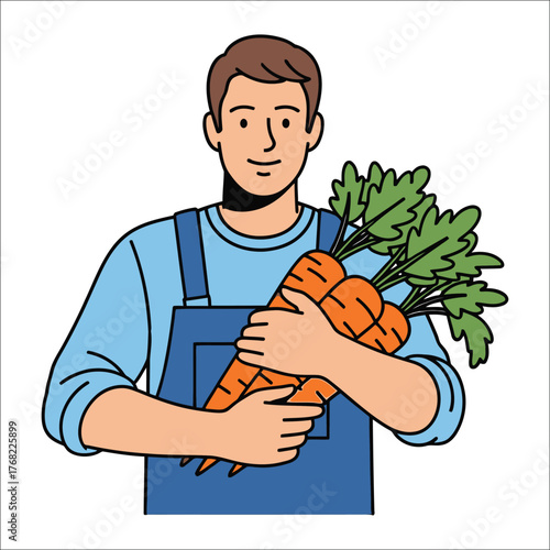 Cheerful Farmer Holding Fresh Organic Carrots From His Garden Illustration