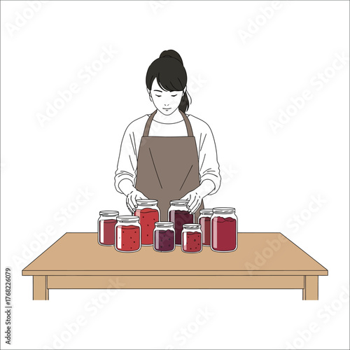 Minimalistic Woman In Apron With Homemade Jam Jars On Table Illustration
