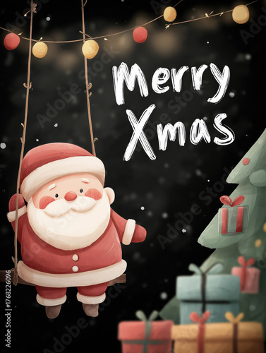 Playful Merry Xmas greeting with adorable Santa and Christmas tree — ideal for  holiday cards, postcards, festive design, seasonal marketing, greeting card visual, editorial use, posters.