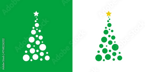Logo con árbol de navidad con forma de triángulo con esferas y estrella para tarjetas y felicitaciones de Navidad