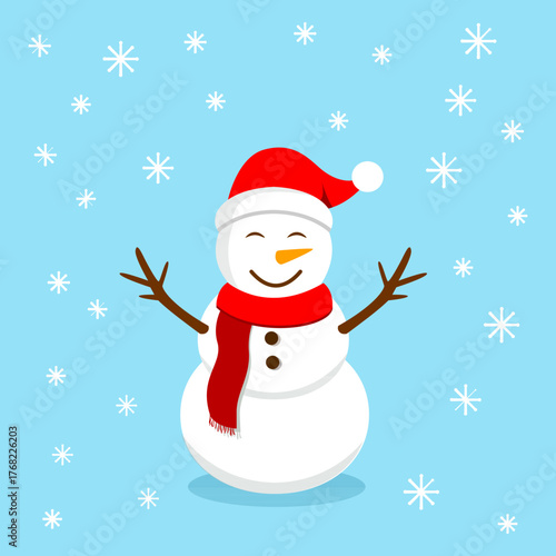 cheerful snowman with santa hat and red scarf vector illustration
