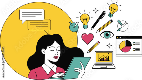 Focused Woman Working on Laptop Surrounded by Ideas and Analytics in Bright Office Setting: Modern Professional Engaged in Business Strategy and Creative Problem Solving for Marketing, Presentation an