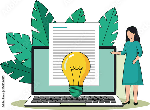 Professional Woman Presenting Business Ideas on Laptop with Lightbulb in Modern Office: A Graphic Design Illustration for Content Creation, Marketing Strategy, and Innovative Thinking in a Technologic