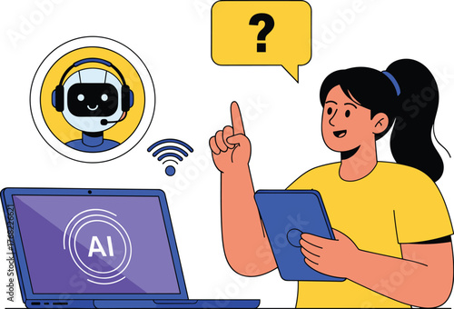 Young Woman Interacting with AI Chatbot for Assistance with Device: Modern Tech Support, Digital Solutions, and Online Learning in a Virtual Environment for Customer Service and Problem Solving, Using