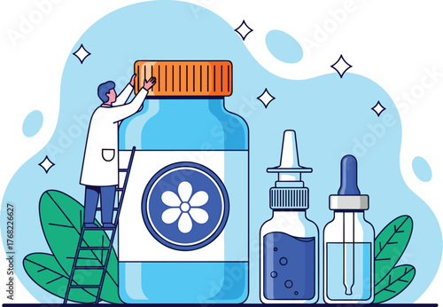 Medical Researcher Adjusting Giant Medicine Bottle in a Pharmaceutical Lab for Innovative Healthcare Solutions, Using Herbal Flower Ingredients, Modern Cartoon Illustration Style for Health Presentati