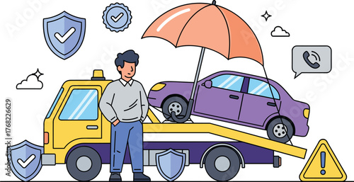 Man Overseeing Car Towing After Accident for Insurance Claim, Promoting Roadside Assistance and Vehicle Protection Services, Illustrating Auto Coverage Benefits and Safe Transportation, Modern Vector