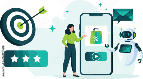 E-Commerce Customer Success: Woman Engages with Mobile Shopping App, Targeted Marketing, and Chatbot Support for Personalized Online Retail Experience, Aiming for High Ratings and Conversions in Moder