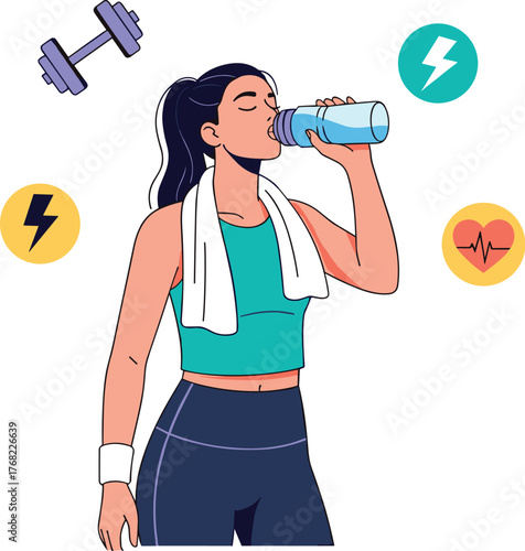 Athletic Woman Staying Hydrated After Workout Drinking Water in Gym with Dumbbell, Energy Icons for Healthcare, Fitness, Wellness, Achieving Healthy Lifestyle Goals Illustration for Presentation, Adve