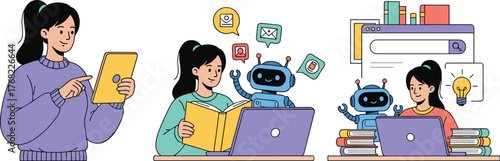 Diverse Young Women Learning with Technology: Studying, Researching, and Using Tablets for Education with Robot Assistant, Modern Illustration Style for Online Learning, Digital Education, Remote Scho