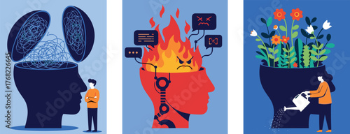 Illustrations Depicting Mental Health and Personal Growth: Tangled Thoughts, Overcoming Anger, and Cultivating Positive Thinking for Improved Well-being, Personal Development, Professional Productivit