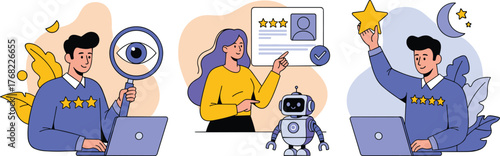 Modern Business Team Collaboration Evaluating Performance with AI Assistant, Promoting Positive Feedback and High Ratings, Analyzing Data with Laptop Computers in a Virtual Workspace, Illustrative Gra