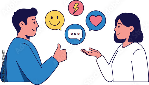 Diverse Team Communication: Two Professionals Collaborating and Sharing Ideas, Expressing Positive Feedback in a Modern Office Environment for Business Growth and Innovation (Vector Illustration, Mini