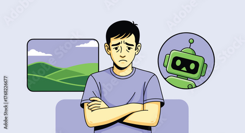 Sad Man Contemplates Automation & Job Displacement in a Digital World, Facing Challenges & Feeling Stressed, Anxious about the Future of Work. Illustration for Business, Technology, & Employment Conce