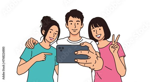Cheerful Friends Taking Selfie Photo Together with Mobile Phone, Capturing Happy Memories and Friendship, Modern Lifestyle in Social Media, Casual Style Vector Illustration for Advertising and Marketi