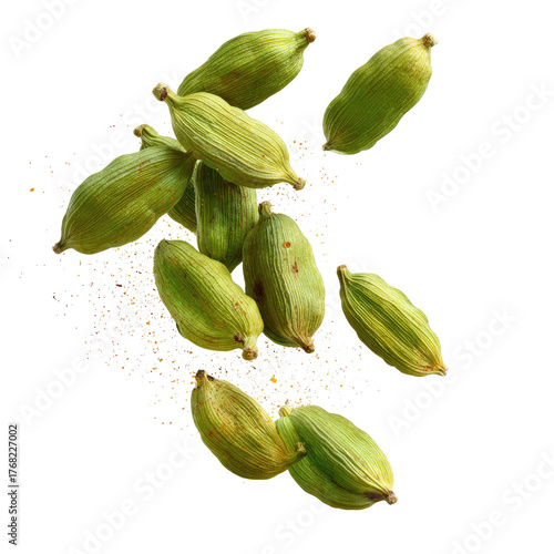 Falling Green Cardamom Pods Isolated on transparent background Remove png, Clipping Path, pen tool