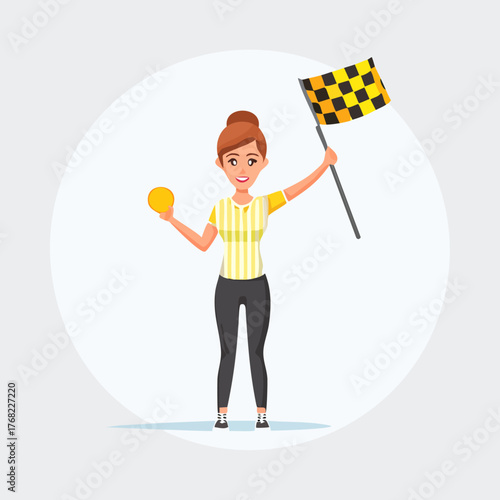 Woman referee holding flag and signaling during the game.