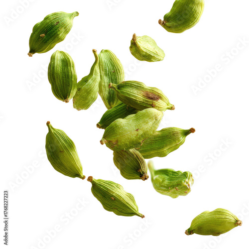 Falling Green Cardamom Pods Isolated on transparent background Remove png, Clipping Path, pen tool