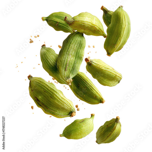 Falling Green Cardamom Pods Isolated on transparent background Remove png, Clipping Path, pen tool