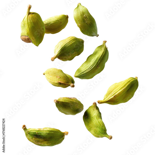 Falling Green Cardamom Pods Isolated on transparent background Remove png, Clipping Path, pen tool