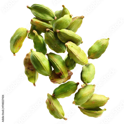 Falling Green Cardamom Pods Isolated on transparent background Remove png, Clipping Path, pen tool