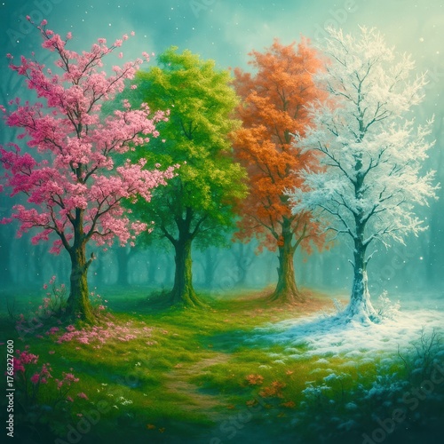 A painting of four trees with different colored leaves