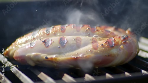 Juicy sausage sizzling on a hot grill, emitting delicious steam outdoors