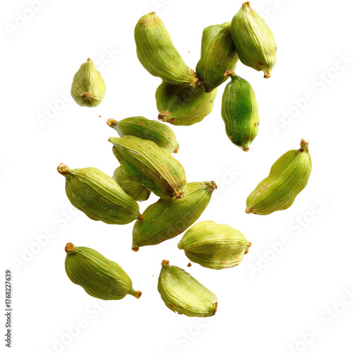 Falling Green Cardamom Pods Isolated on transparent background Remove png, Clipping Path, pen tool