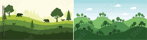 Flat Design Nature Landscape with Forest Animals and Rolling Green Hills