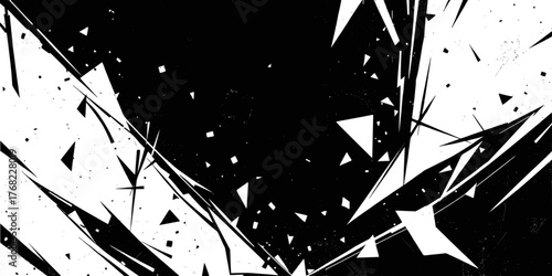 Abstract black and white explosion background with geometric shapes and splatter