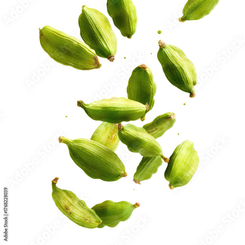 Falling Green Cardamom Pods Isolated on transparent background Remove png, Clipping Path, pen tool